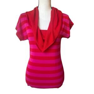 Express Women's M Tops‎ Stripped Red Pink Body Hug Cowl Neck Y2K Short Sleeve